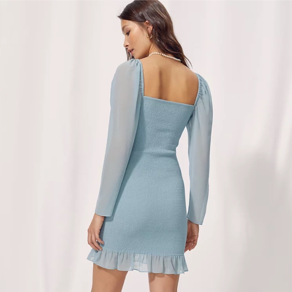 NWT Wilfred Aritzia Ballad Smocked Long Sheer Sleeve Dress in Blue - Picture 3 of 10